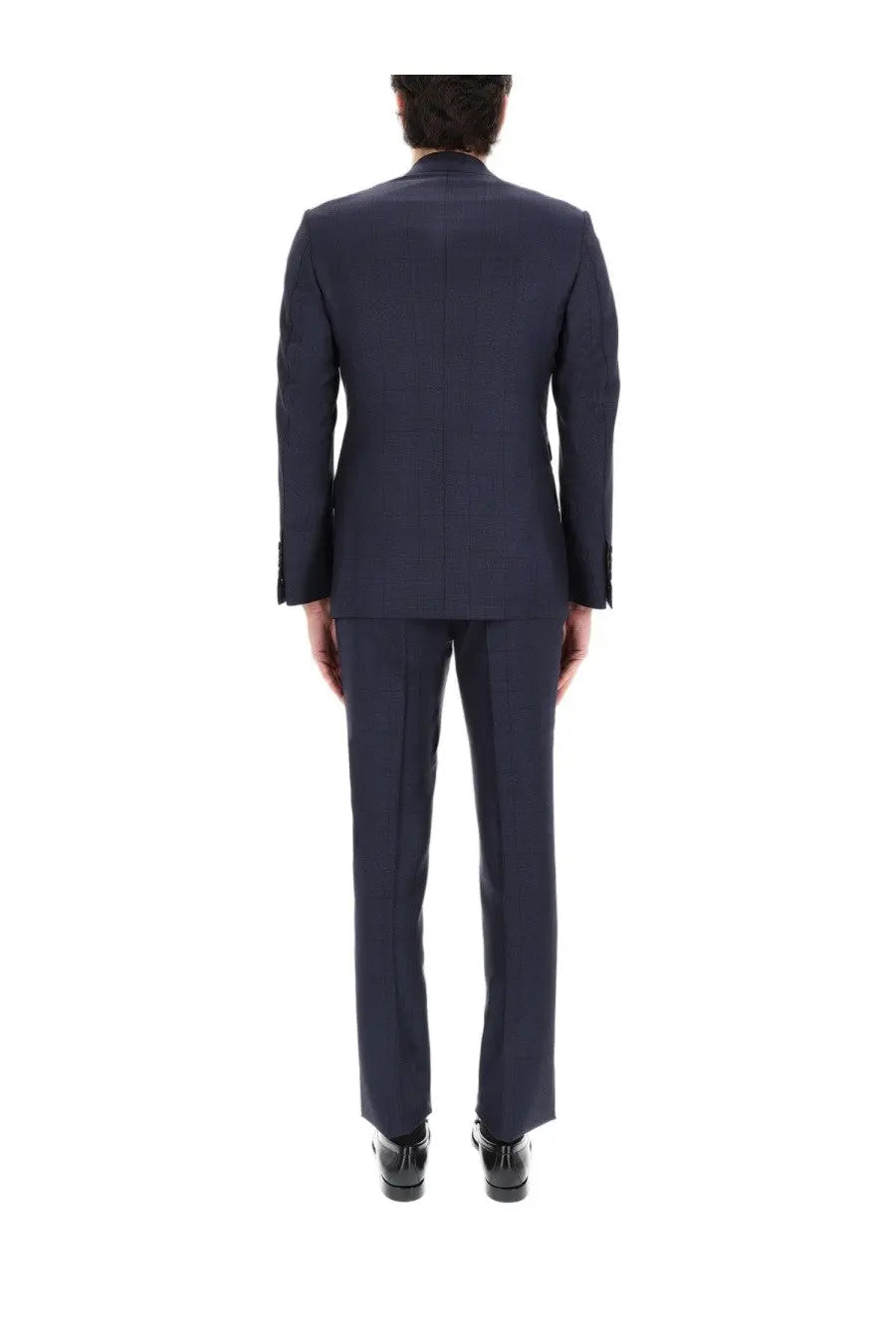 Tom Ford men’s grand overcheck Shelton suit in navy blue with tailored fit and subtle textured fabric