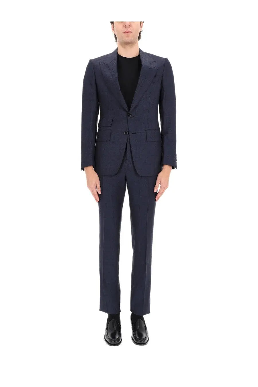 Tom Ford men’s grand overcheck Shelton suit in navy blue tailored with sleek modern cut and subtle texture