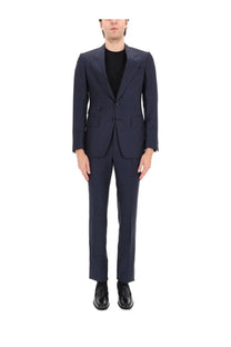 Tom Ford men’s grand overcheck Shelton suit in navy blue tailored with sleek modern cut and subtle texture