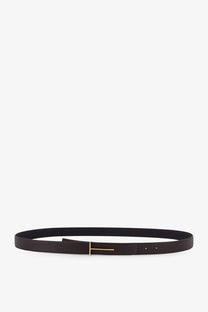 Tom Ford men’s hammered leather belt in dark brown with a minimalist gold-tone rectangular buckle