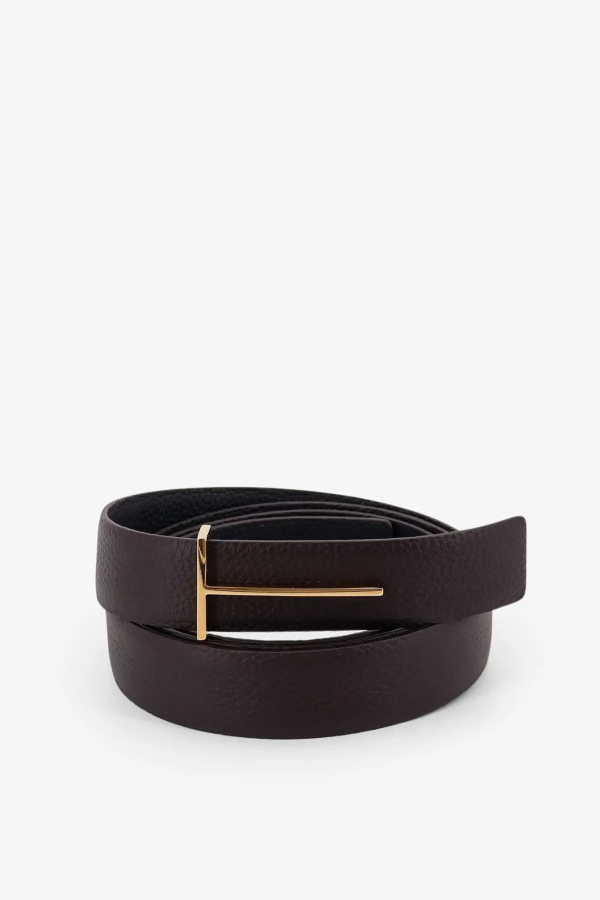 Tom Ford men’s black hammered leather belt with a gold-tone rectangular buckle in front view
