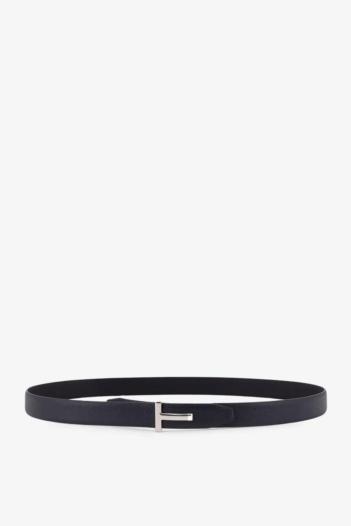 Tom Ford men’s black leather belt with a sleek silver-toned rectangular buckle embossed with a t design