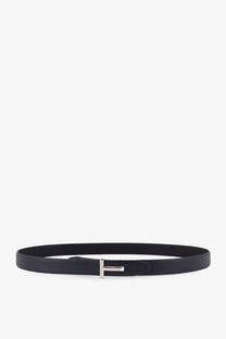 Tom Ford men’s black leather belt with a sleek silver-toned rectangular buckle embossed with a t design
