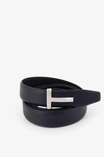 Tom Ford men’s black hammered leather belt with textured finish and sleek silver t-shaped buckle