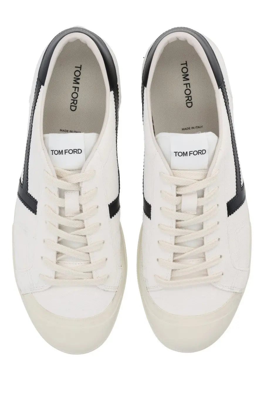 Tom Ford men’s Jarvis sneaker white with black suede stripes and matching laces in a clean minimalist design