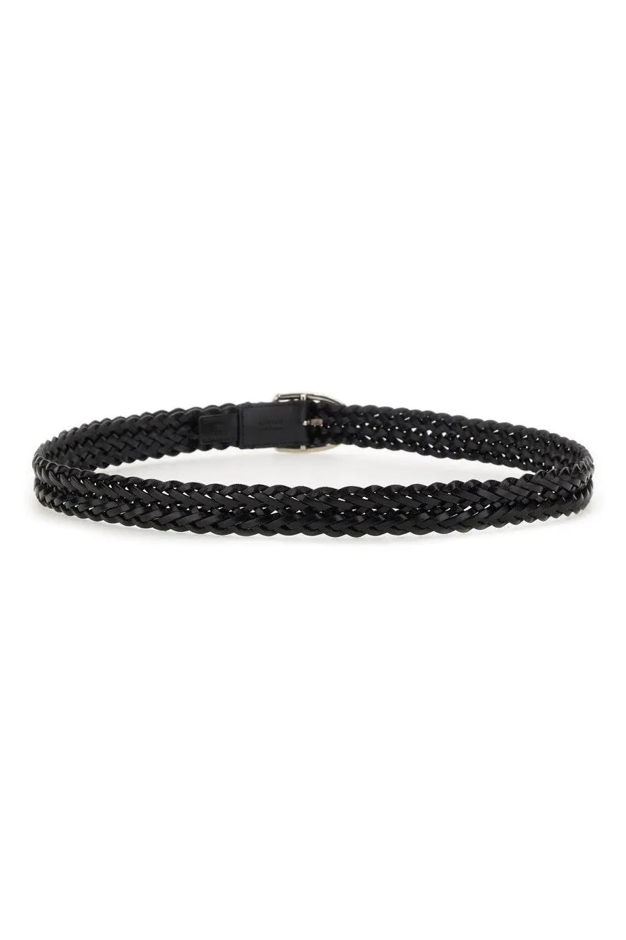Tom Ford men’s black leather belt with braided design and silver toned buckle for stylish secure fit