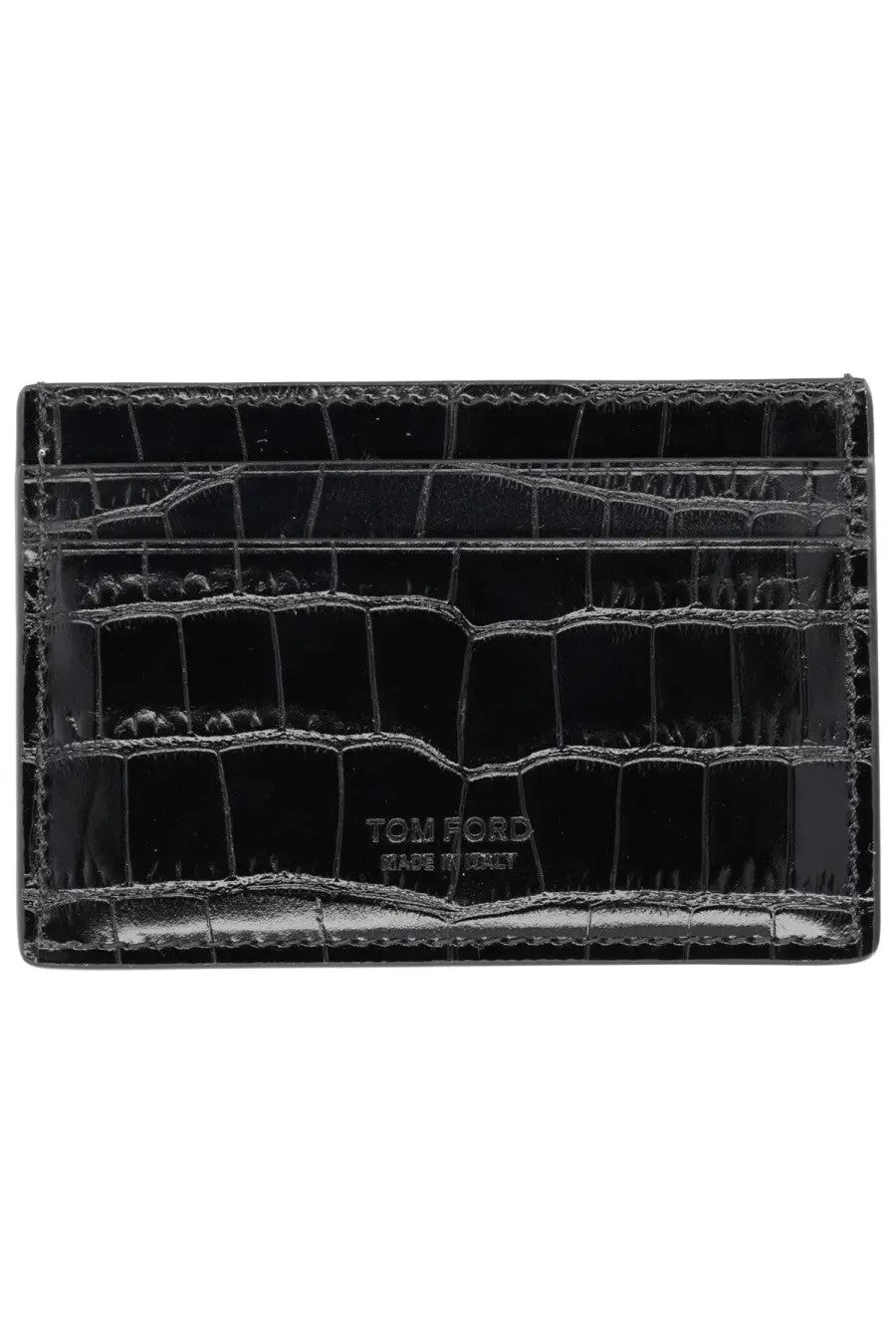 Black crocodile-embossed leather card holder by tom ford designed for men in sleek black finish