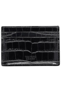 Black crocodile-embossed leather card holder by tom ford designed for men in sleek black finish