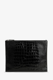 Tom Ford men’s leather clutch black with black crocodile-embossed leather and silver zipper in sleek glossy finish
