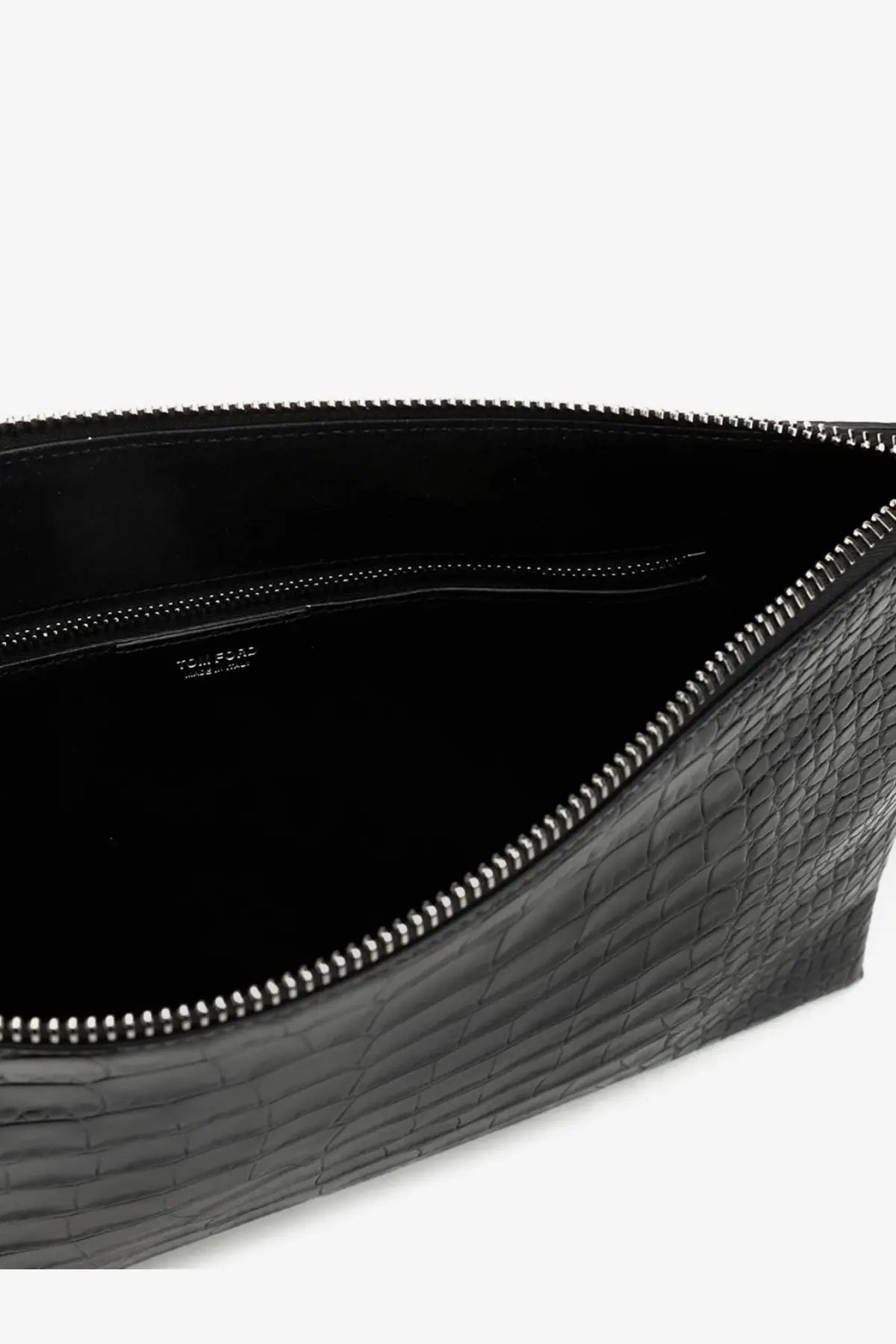 Tom Ford men’s leather clutch black with black crocodile-embossed leather and silver-toned zipper trim