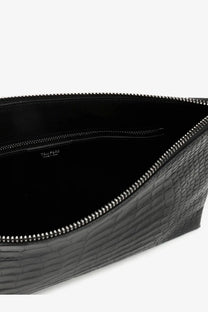 Tom Ford men’s leather clutch black with black crocodile-embossed leather and silver-toned zipper trim
