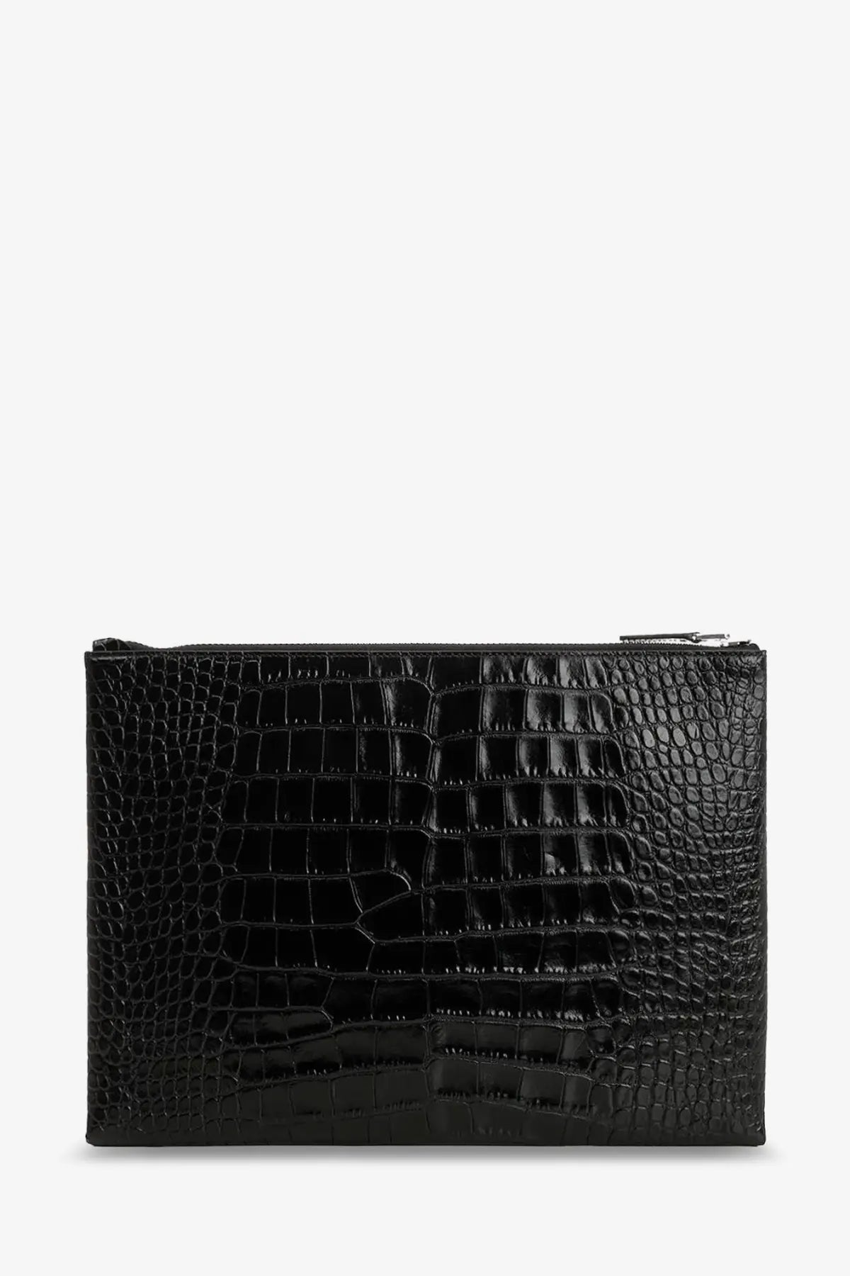 Tom Ford men’s leather clutch black with black crocodile-embossed leather, glossy finish, and silver zipper closure