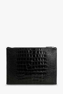 Tom Ford men’s leather clutch black with black crocodile-embossed leather, glossy finish, and silver zipper closure