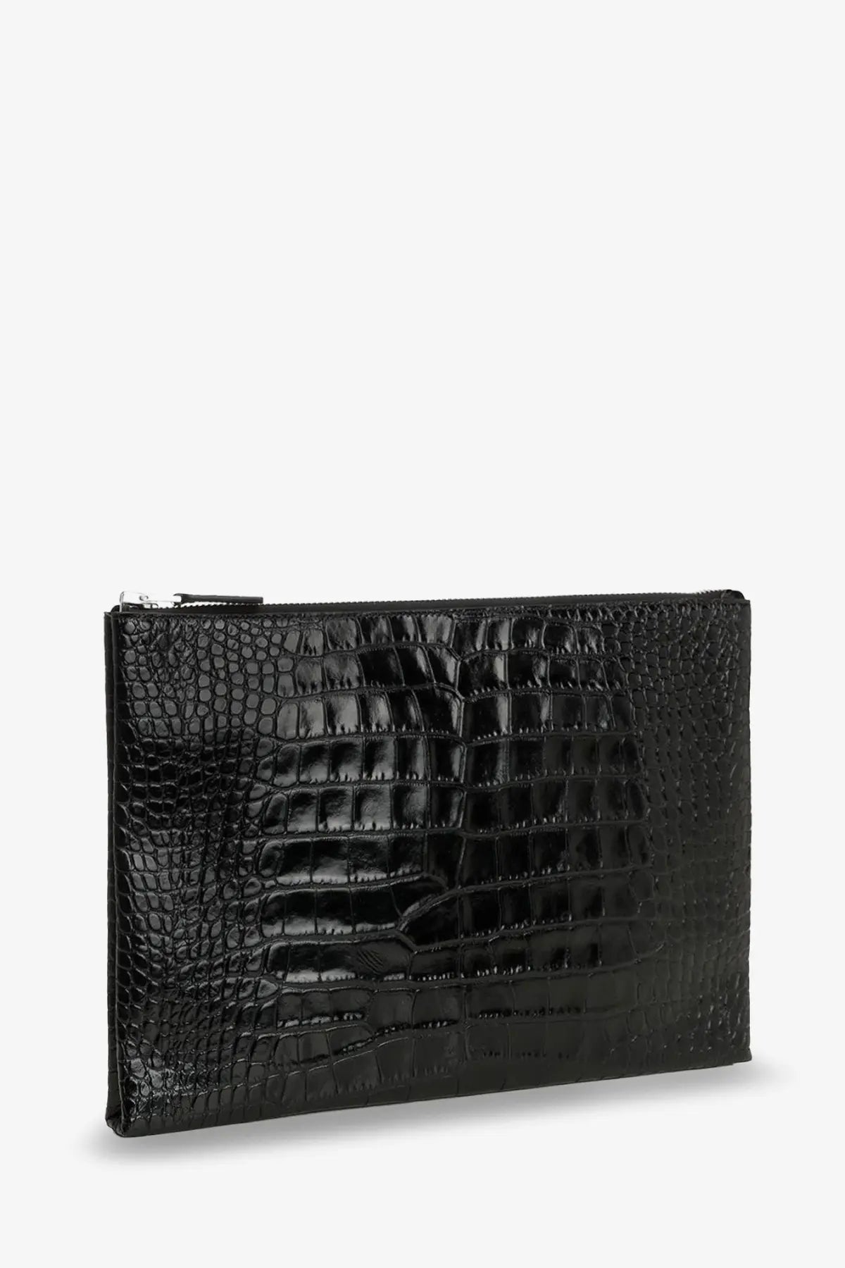 Tom Ford men’s black leather clutch with black crocodile embossing, glossy finish, and silver zipper detail