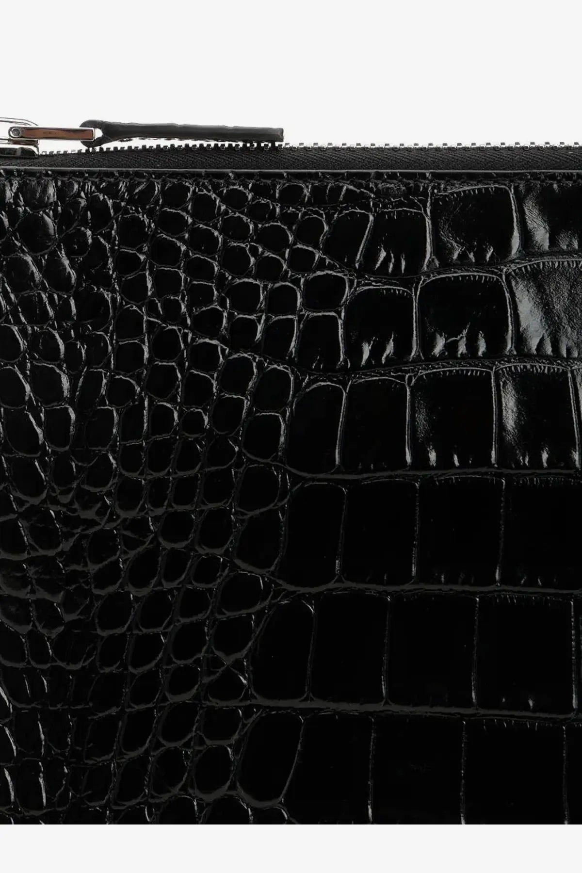 Tom Ford men’s leather clutch black with black crocodile-embossed leather and metallic zipper pull tab