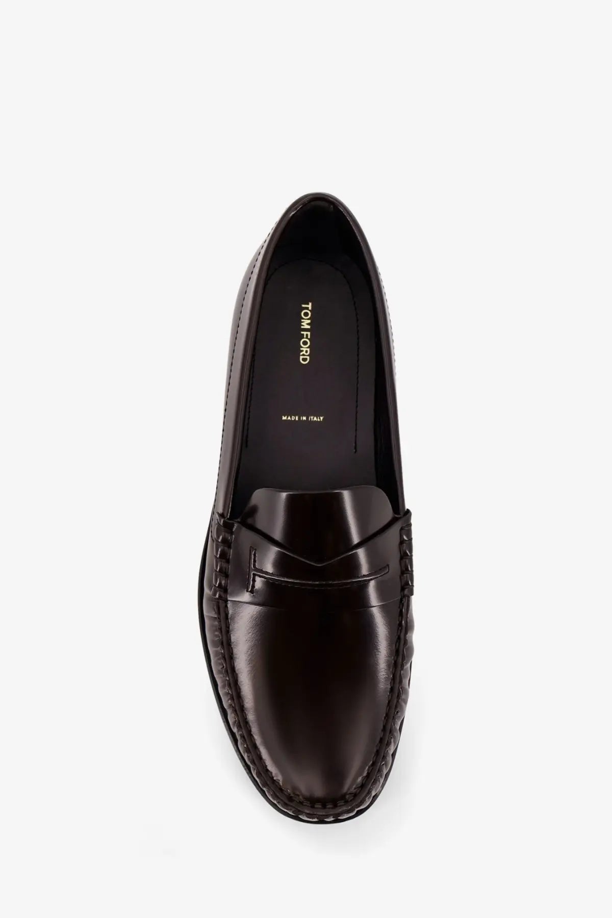 Tom ford men’s dark brown leather loafers with polished finish and braided detailing along the sides