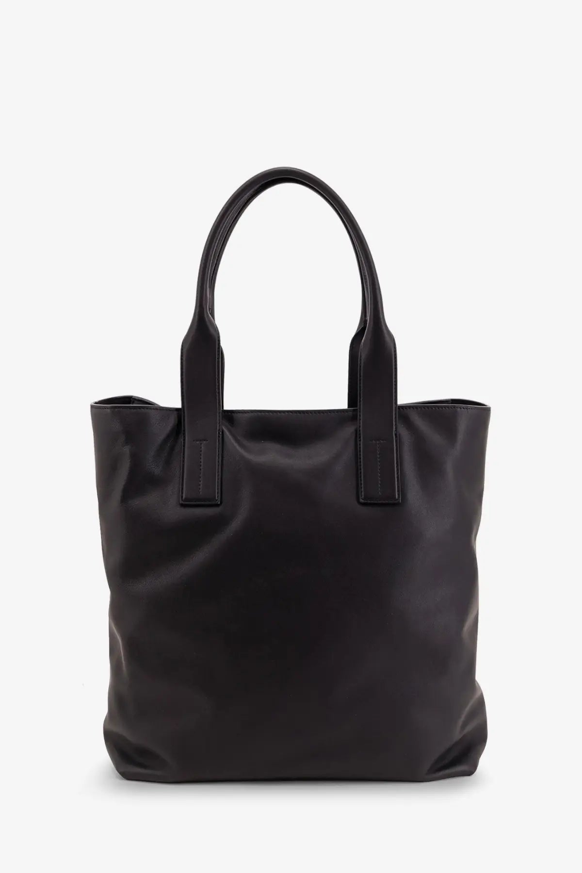 Tom Ford men’s black leather tote bag with structured handles and minimalist design for shopping use