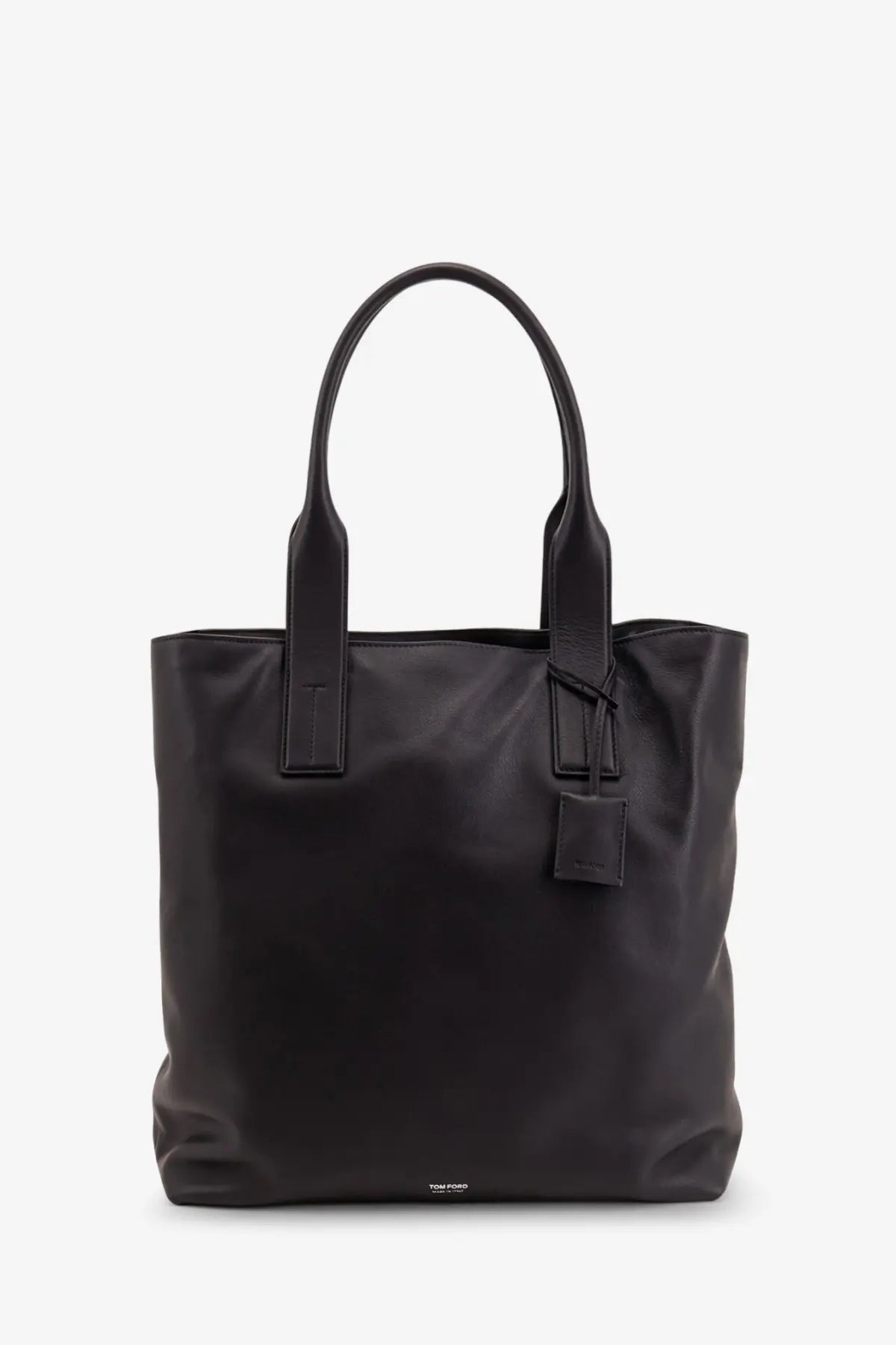 Tom ford men’s black leather tote bag with structured handles and minimalist design for shopping use