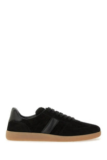 Tom Ford men’s leather sneaker black low-top with black suede, glossy stripe, and gum rubber sole