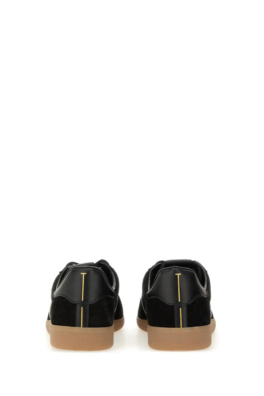Tom Ford men’s leather sneaker black with black suede and leather, tan rubber sole, and gold-tone vertical stripe detail