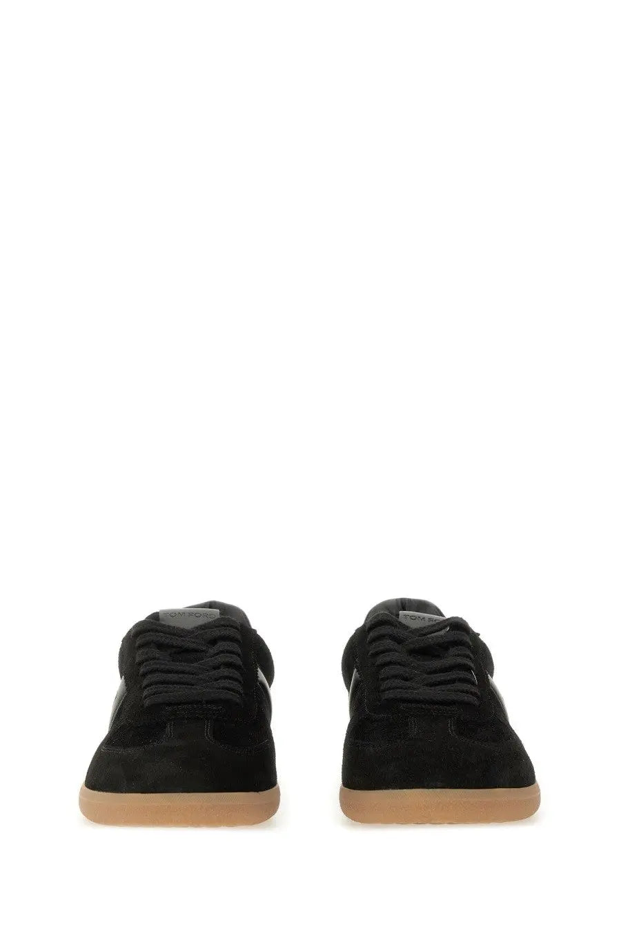 Tom Ford men’s black low-top leather sneaker with black suede upper tan rubber sole and gray tongue branding