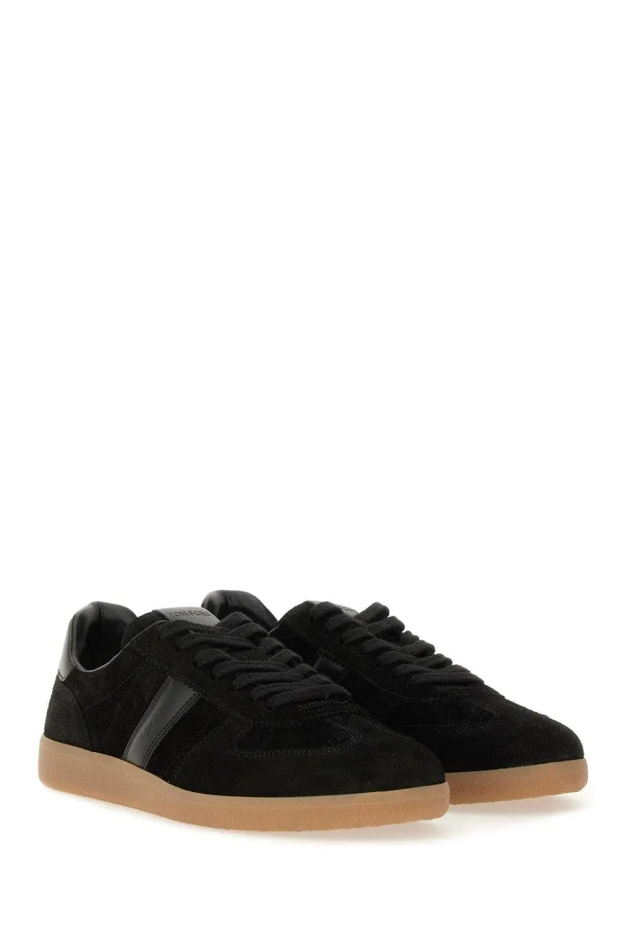 Tom Ford men’s leather sneaker black in black suede with matte finish, dark gray stripes, and tan rubber soles