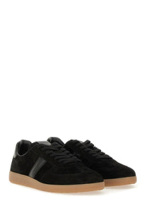 Tom Ford men’s leather sneaker black in black suede with matte finish, dark gray stripes, and tan rubber soles