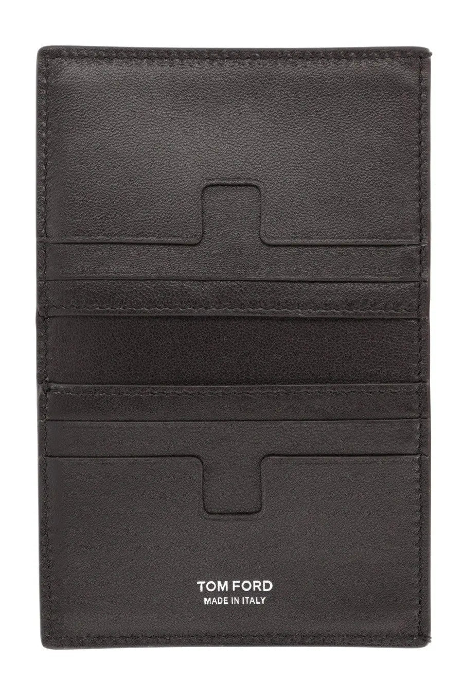 Tom ford men’s leather wallet brown black leather card holder with embossed logo and made in italy inscription