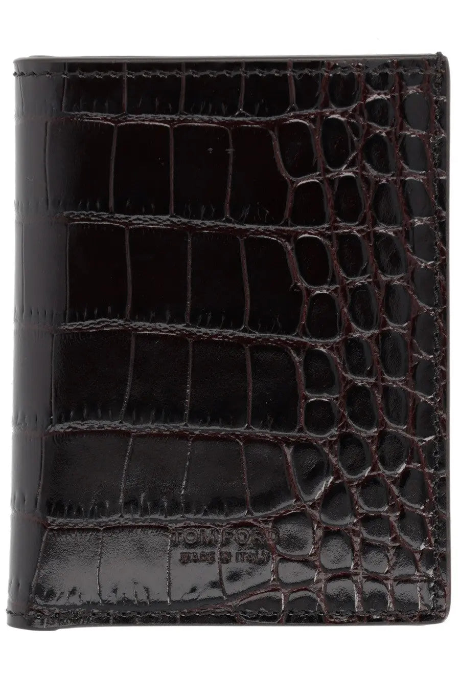 Tom Ford men’s leather wallet in dark brown crocodile-embossed leather with glossy finish and embossed branding