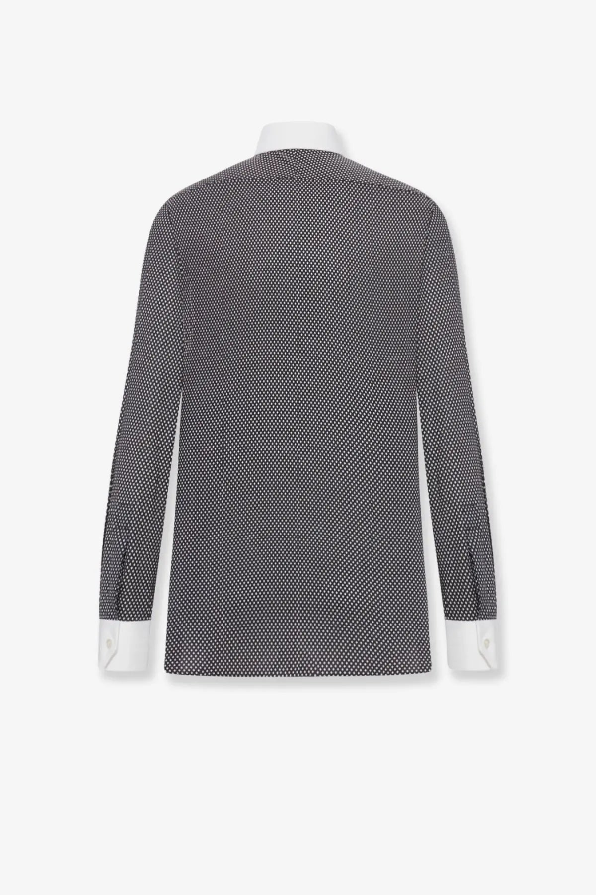 Tom Ford men’s microfantasy cotton shirt black with subtle white polka dots and crisp white cuffs in dark gray