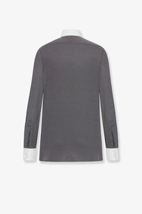 Tom Ford men’s microfantasy cotton shirt black with subtle white polka dots and crisp white cuffs in dark gray