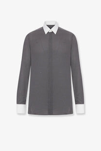 Tom Ford men’s microfantasy cotton shirt black with sleek black and white polka dots and a crisp white collar