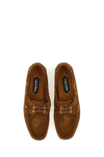 Tom Ford men’s moccasin robin brown brown suede boat shoes with tan laces and gold tone eyelets
