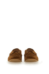 Tom Ford men’s moccasin robin brown boat shoes in brown suede with gold-tone eyelets and tan rubber sole