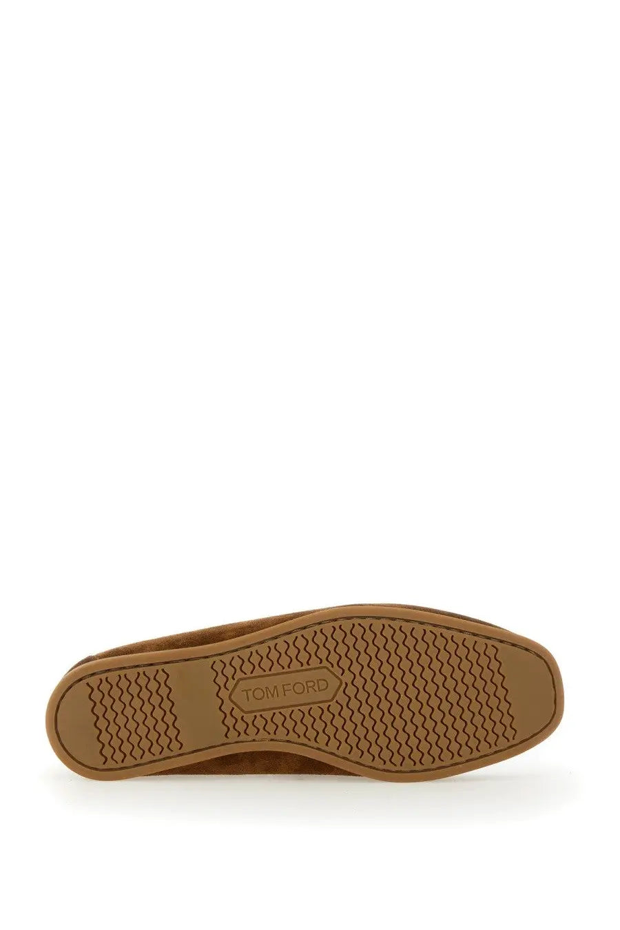 Tan suede tom ford men’s moccasin robin brown slip-on shoe with textured rubber sole featuring tom ford logo