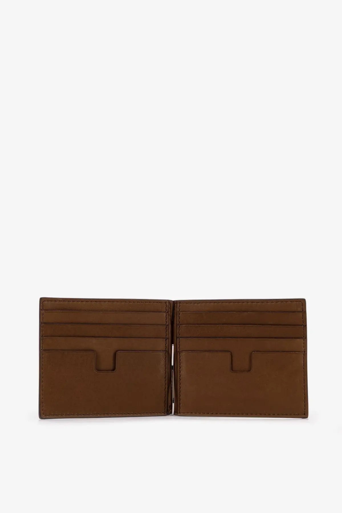 Brown leather bi fold Tom Ford men’s nubuck wallet with multiple card slots and magnetic closure