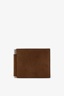 Tom Ford men’s nubuck wallet brown leather with silver money clip and Tom Ford made in Italy embossing at bottom