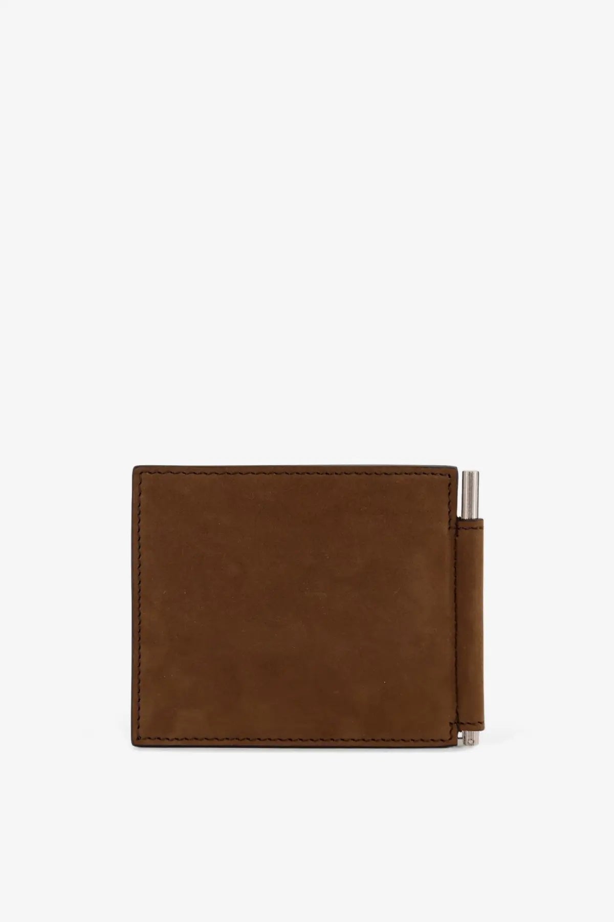Tom Ford men’s nubuck wallet brown with a metallic money clip on the side for secure cash storage