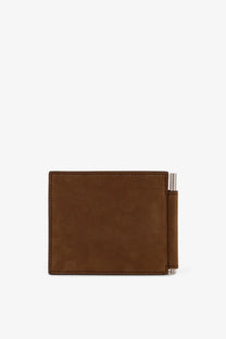 Tom Ford men’s nubuck wallet brown with a metallic money clip on the side for secure cash storage