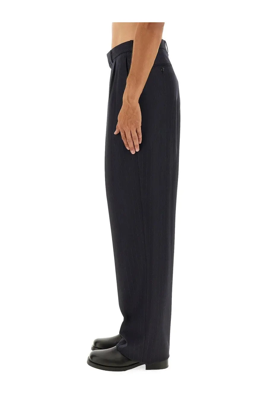 Tom ford men’s pinstripe blue pants with tailored fit, subtle pleats at the waistband, and wide-leg design