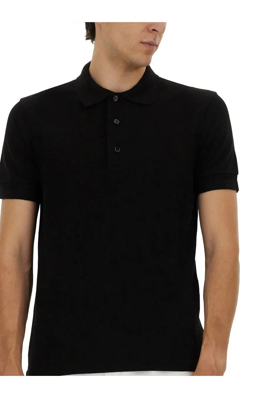 Tom Ford men’s black pique polo shirt with short sleeves classic collar and three-button placket