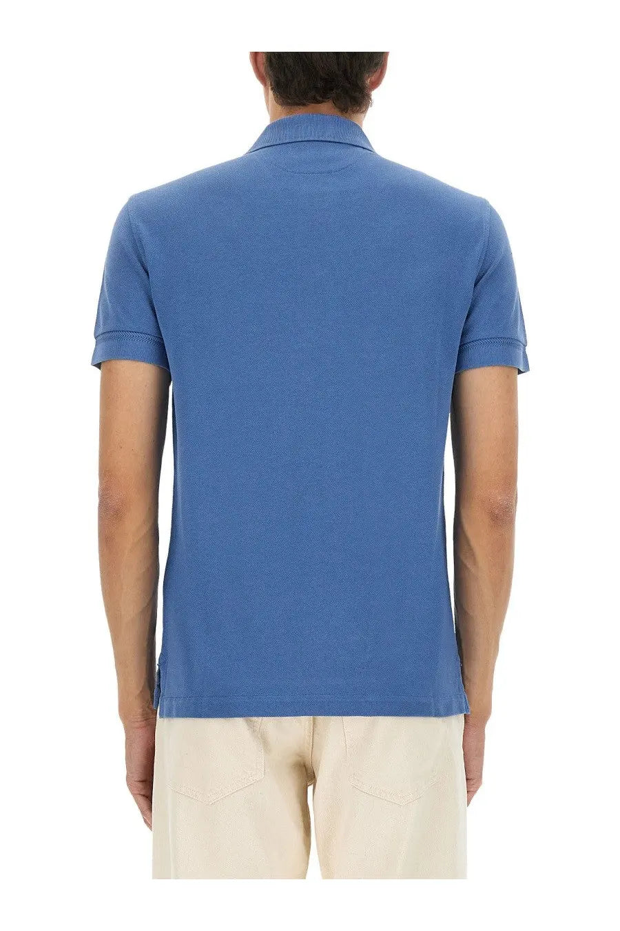 Tom Ford men’s blue short-sleeved pique polo shirt with ribbed collar and cuffs made of cotton blend fabric
