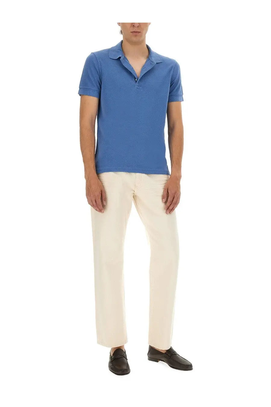 Tom Ford men’s pique polo blue solid short-sleeved shirt with classic collar and buttoned placket