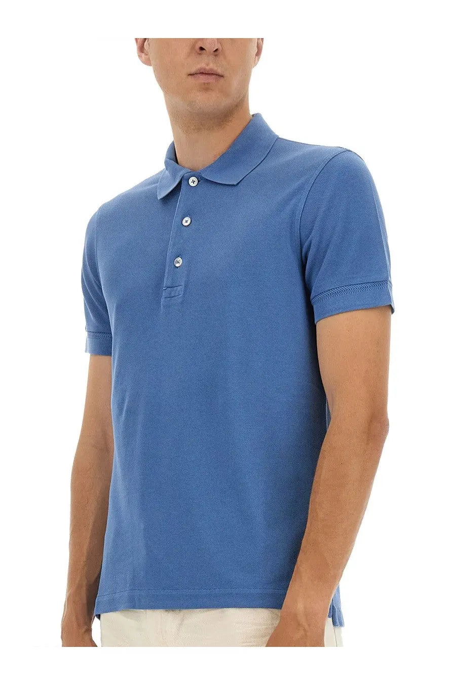 Tom Ford men’s pique polo blue shirt with textured fabric white buttons and ribbed cuffs