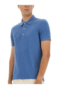 Tom Ford men’s pique polo blue shirt with textured fabric white buttons and ribbed cuffs
