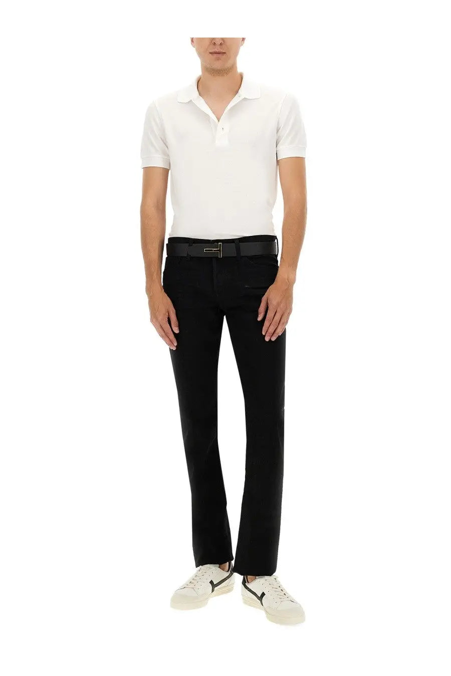 Black tailored trousers with a sleek straight-leg cut and subtle side pockets paired with tom ford men’s pique polo white