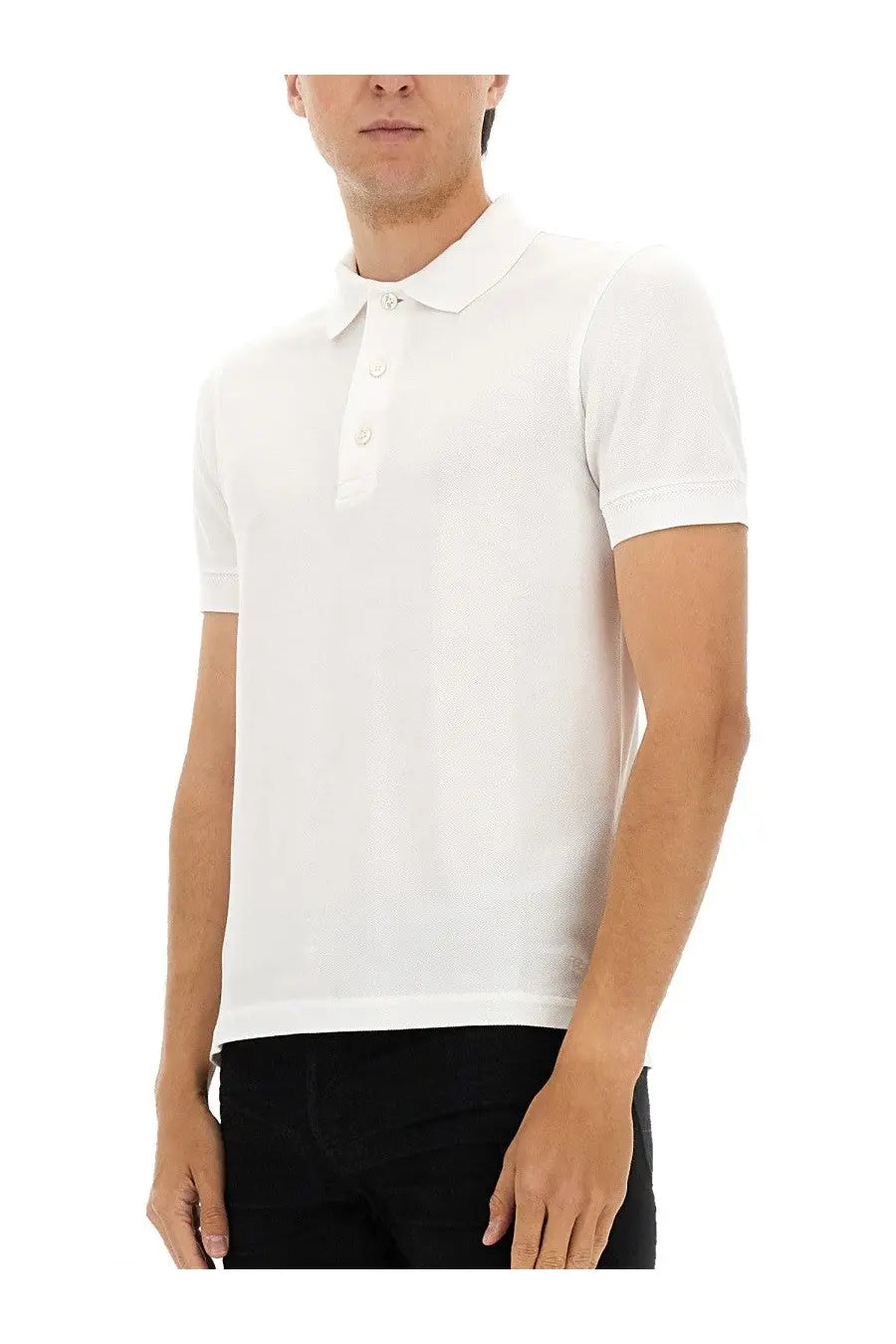 Tom Ford men’s white pique polo shirt with short sleeves classic collar and button placket