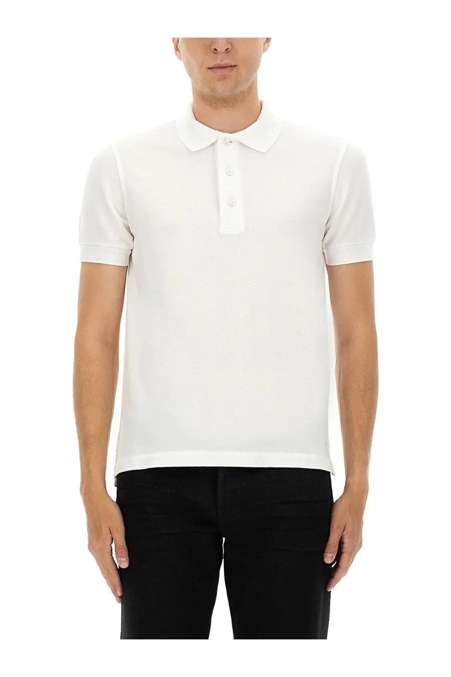 White short-sleeved Tom Ford men’s pique polo shirt with classic collar and button placket in cotton fabric