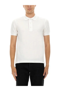 White short-sleeved Tom Ford men’s pique polo shirt with classic collar and button placket in cotton fabric