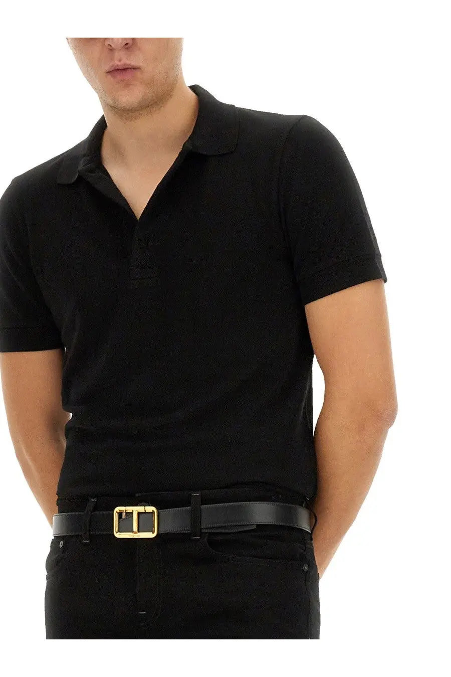 Tom Ford men’s piquet polo black with classic collar short sleeves and subtle textured weave fabric